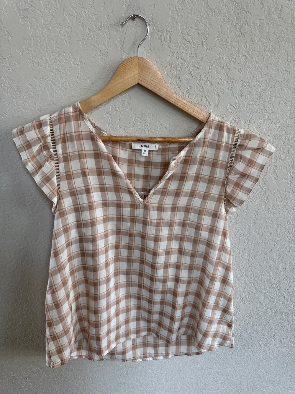MINE Cream & Beige Plaid V-Neck Flutter Sleeve Top